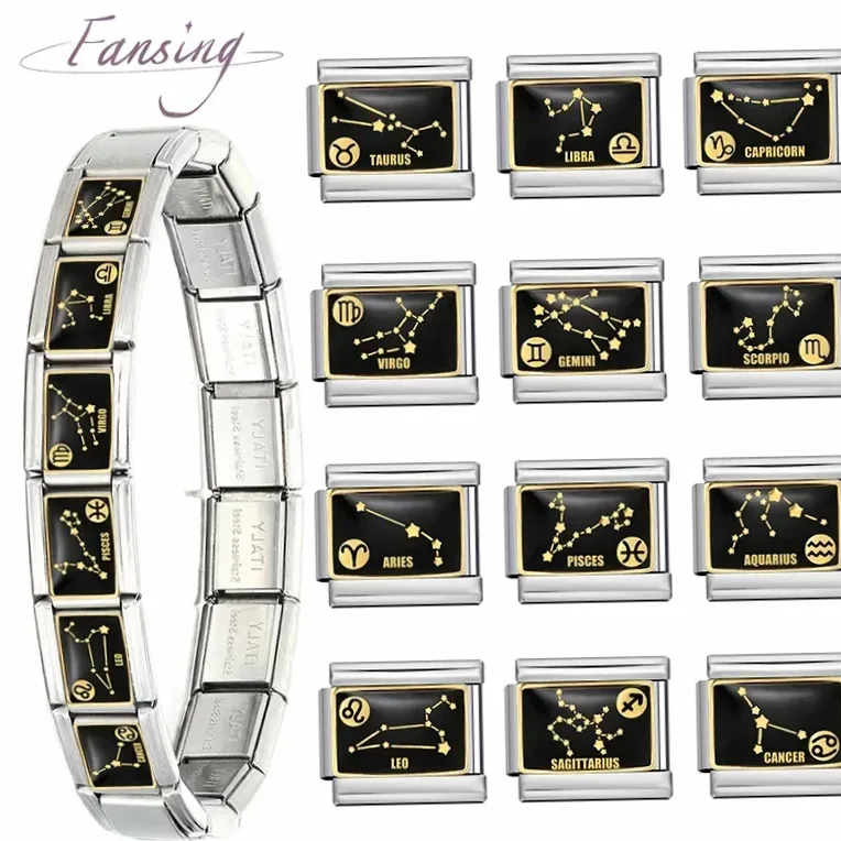 12 Brelocuri Semne Zodiacale, Elemente Italiene Compatibile cu Brățara Modulară Constellation de 9mm, Accesorii DIY din Oțel Inoxidabil, Vânzare en Gros
