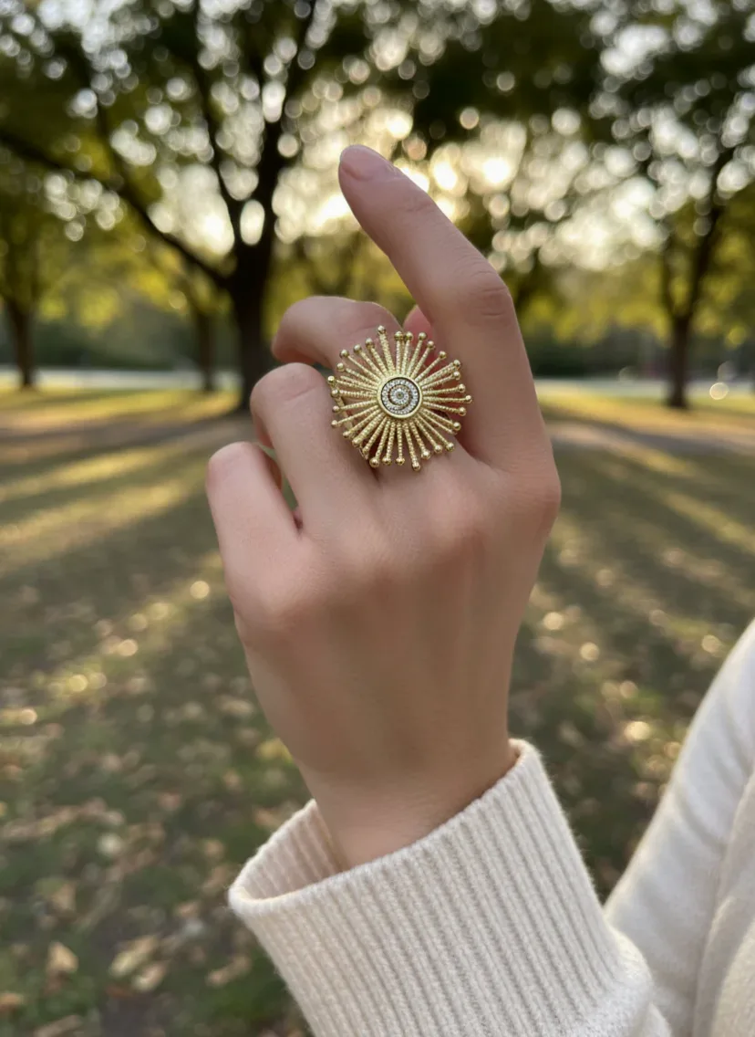 Bague ajustable à motif soleil rayonnant porté au doigt en Acier inoxydable
