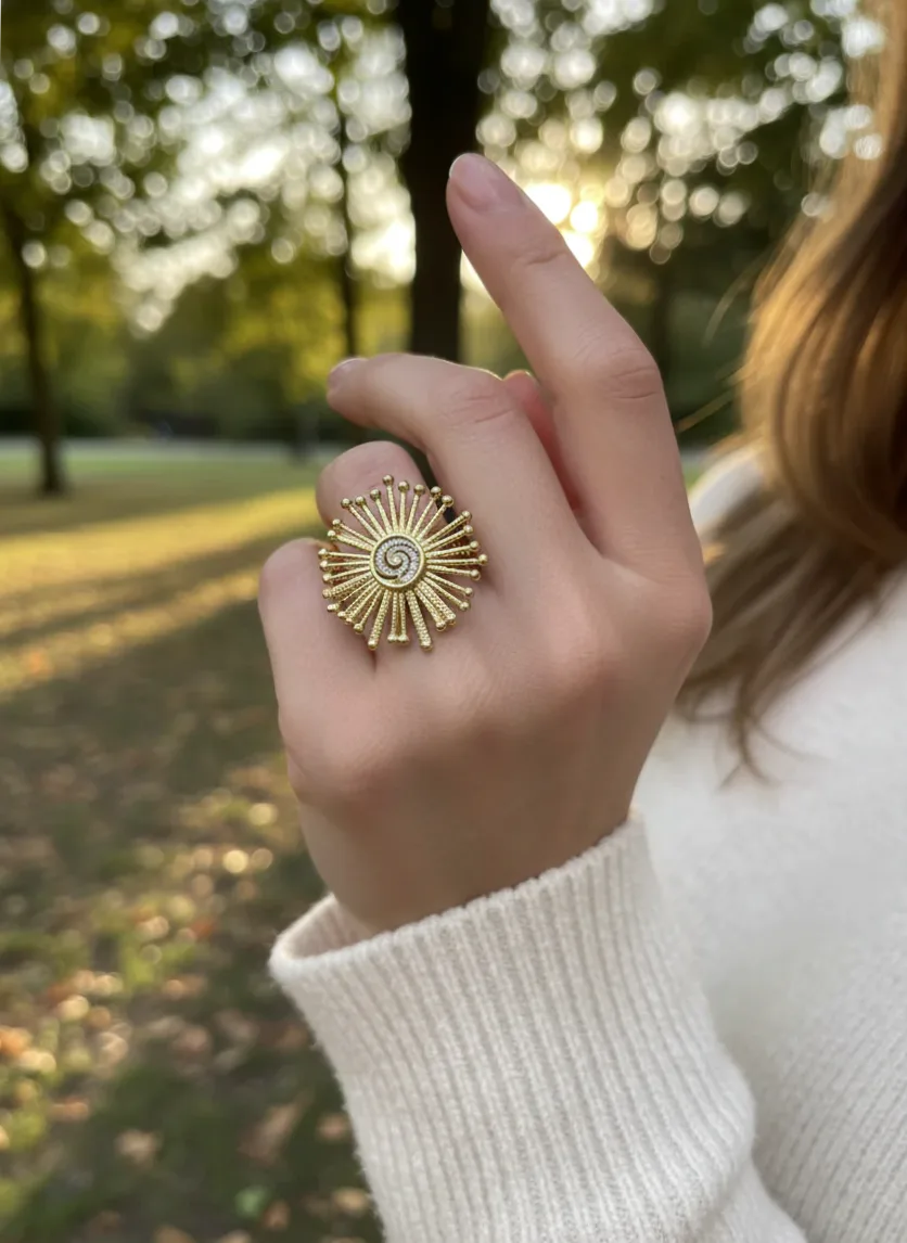 Bague ajustable à motif soleil rayonnant — vue d’échelle et dimensions