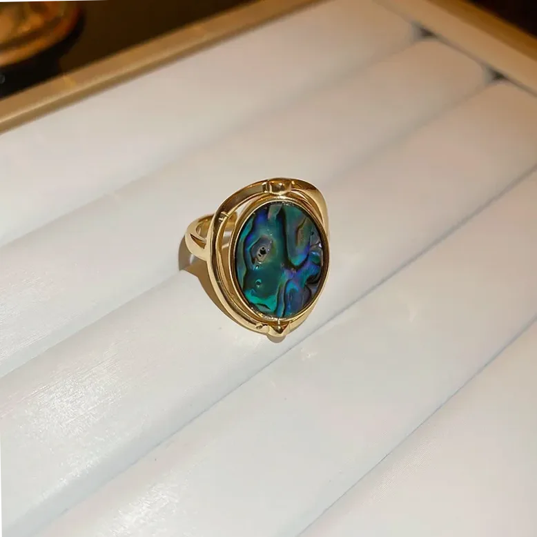 Close-up of material and finish — Double-Sided Rotating Opal Rings in Stainless Steel – Statement Oval