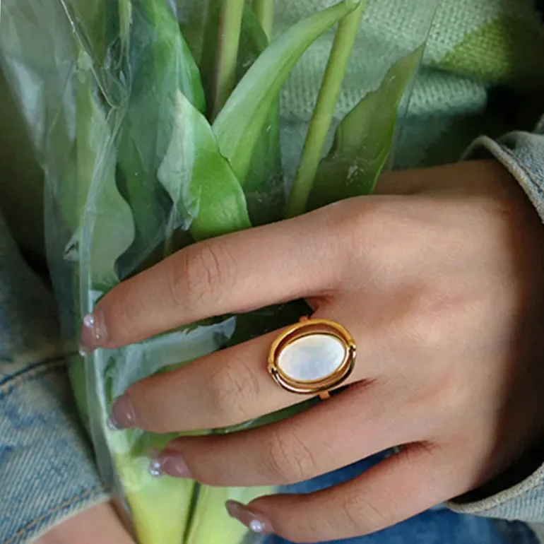 Double-Sided Rotating Opal Rings in Stainless Steel – Statement Oval worn on the finger