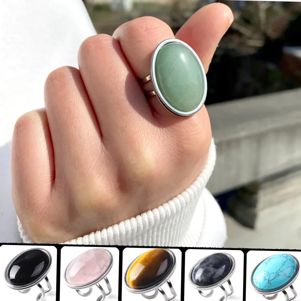 Velký prsten s přírodním kabošonem, tygří oko, obsidiánový křemen, drahokam, stříbrná barva, otevřené prsteny, klasický vintage styl, šperk jako dárek