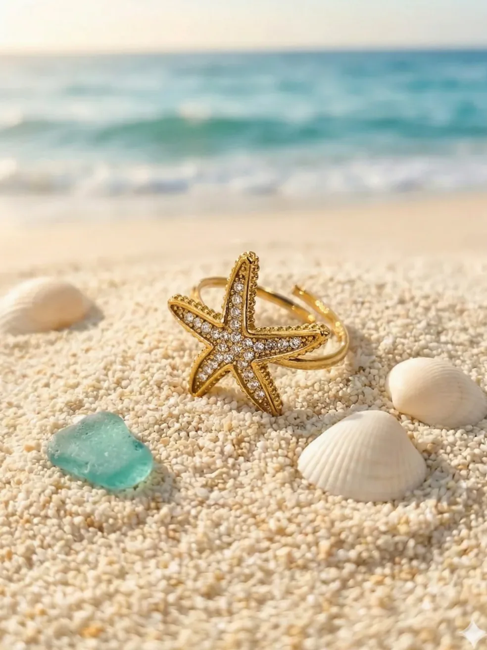 Close-up of material and finish — Adjustable ring starfish set with rhinestones