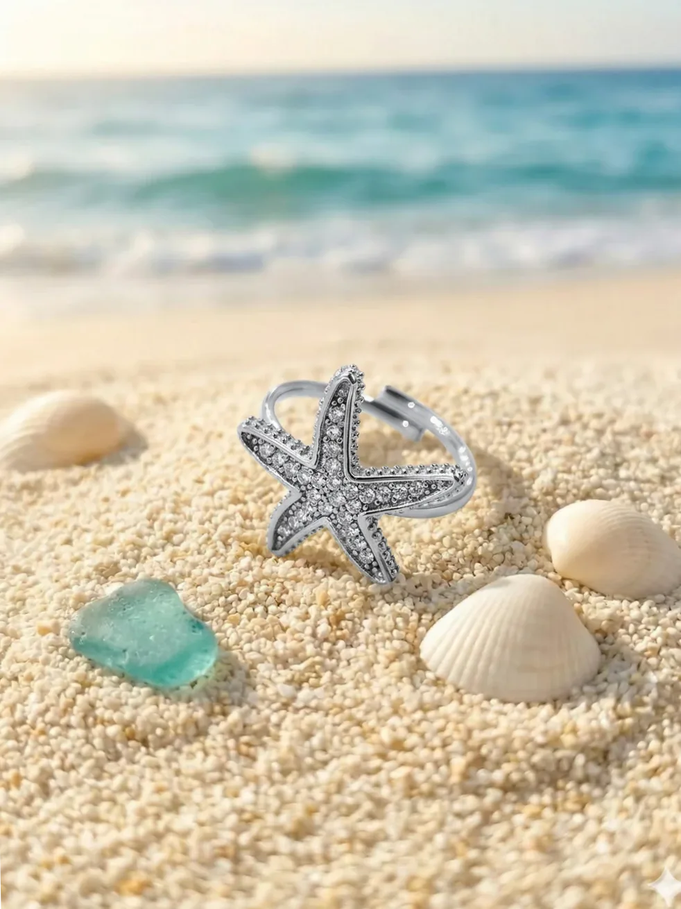 Adjustable ring starfish set with rhinestones worn on the finger