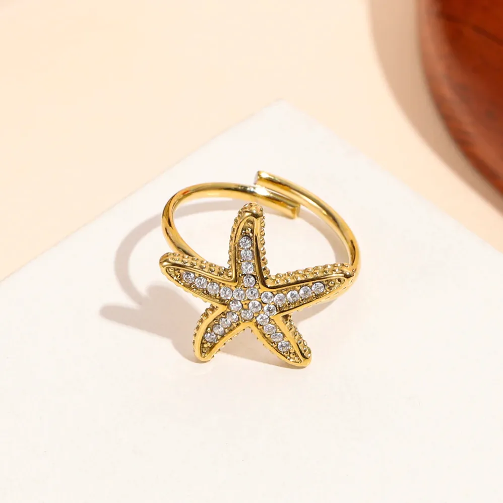 Adjustable ring starfish set with rhinestones — scale and dimensions view