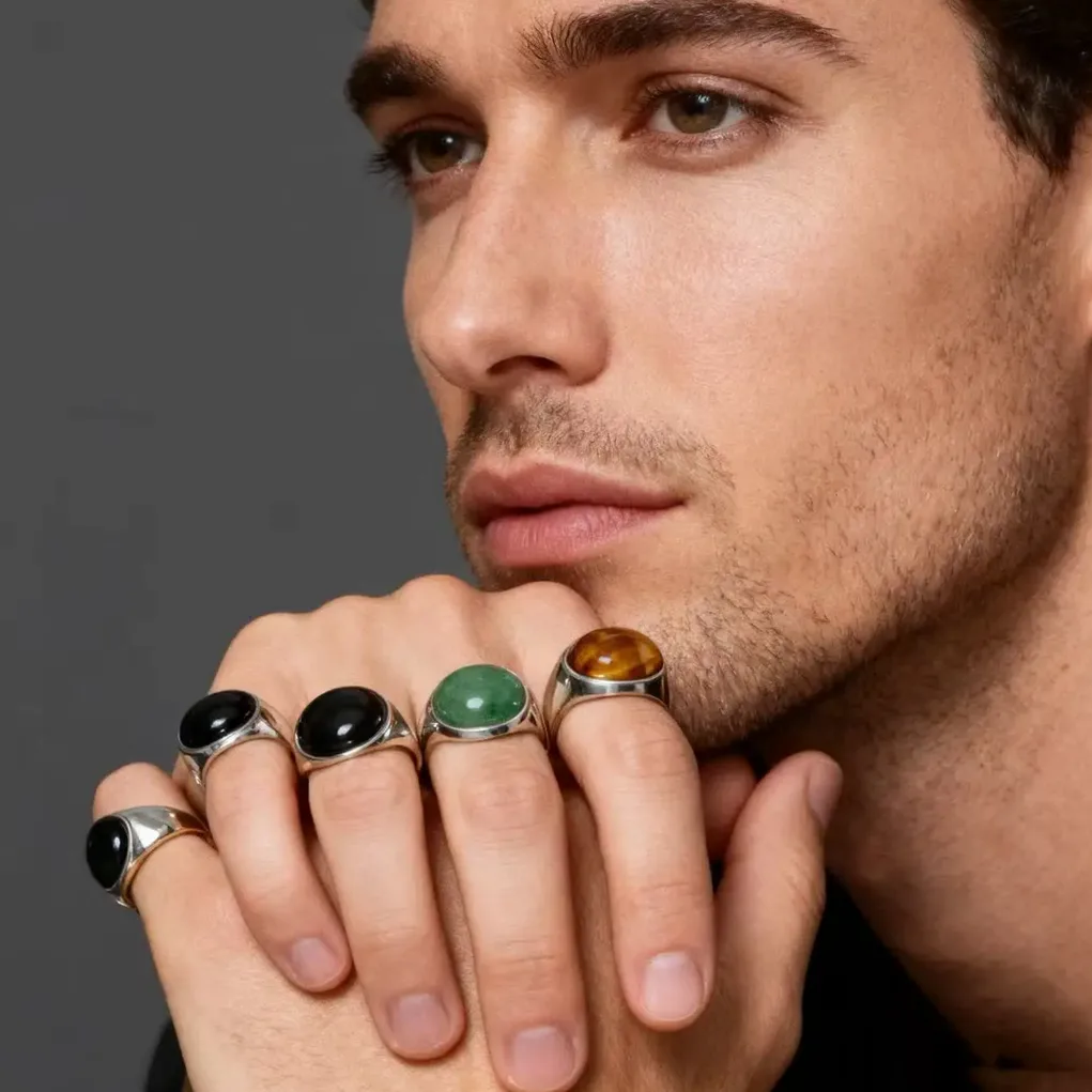 Détail de la matière et finition — Bague ovale en acier inoxydable 316L HNSP avec pierre naturelle pour