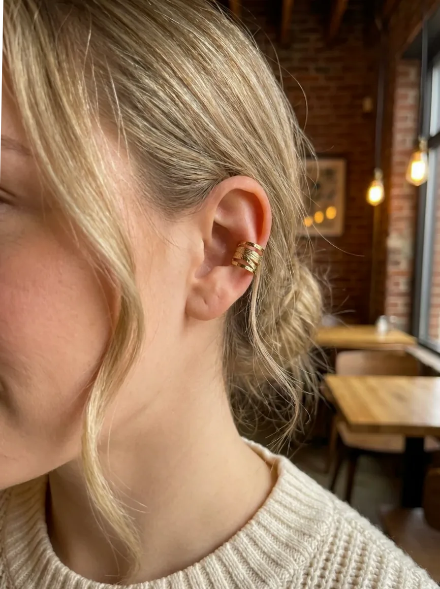 Otvorený earcuff krížené pierka zlatý efekt