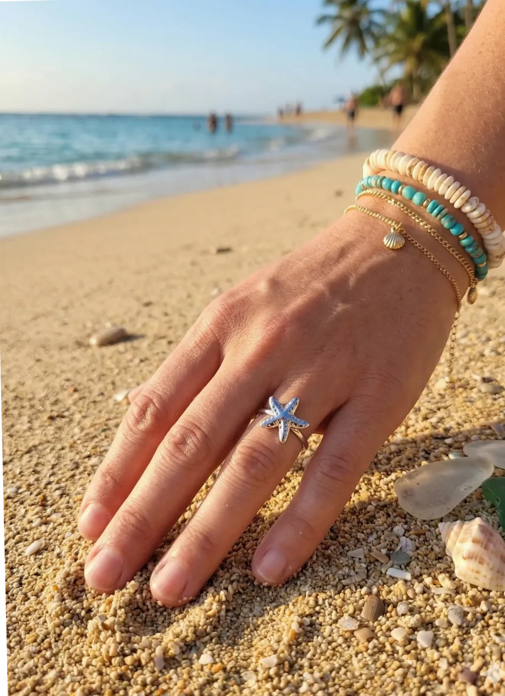 Detalhe do material e do acabamento — Anel fino ajustável estrela do mar martelada