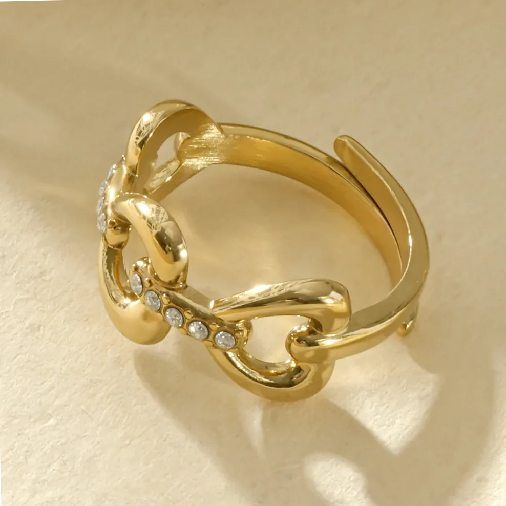 Anillo fino ajustable eslabones entrelazados dorado — presentación y embalaje de regalo