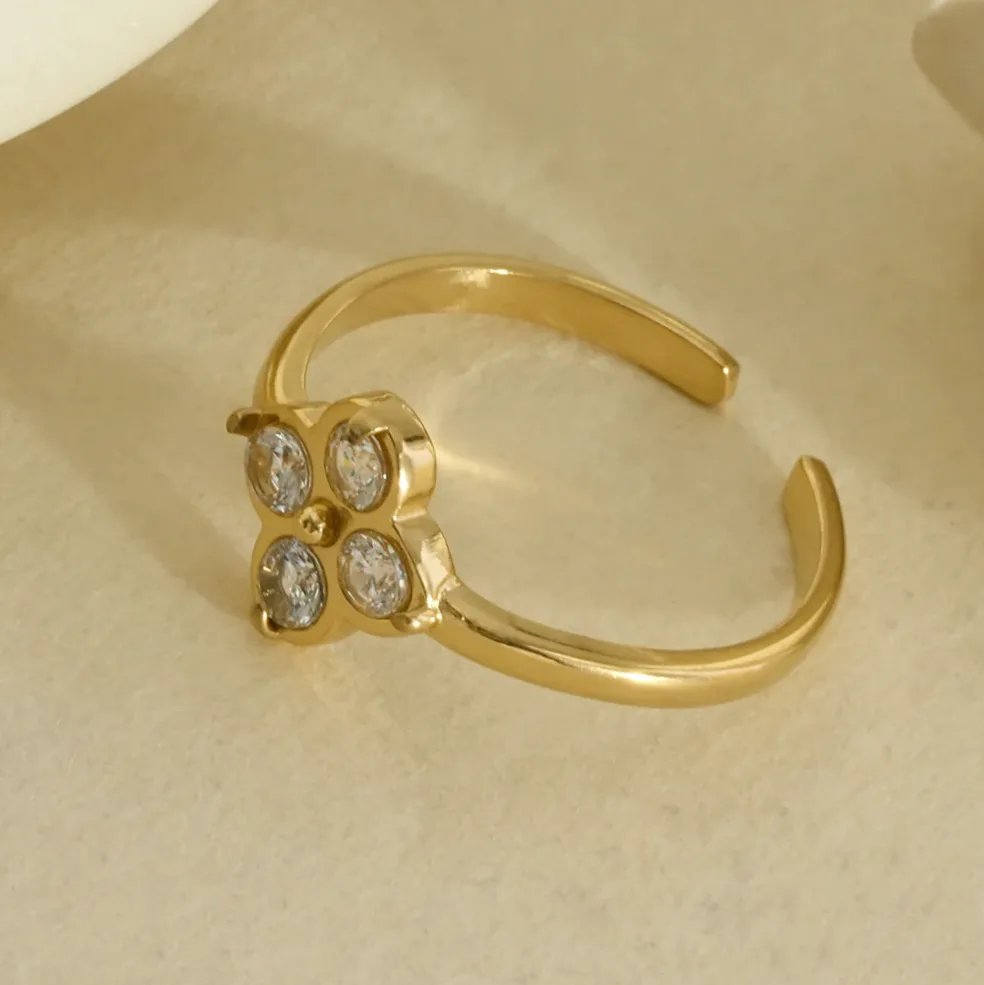 Anillo fino ajustable flor cuatro pétalos strass — presentación y embalaje de regalo