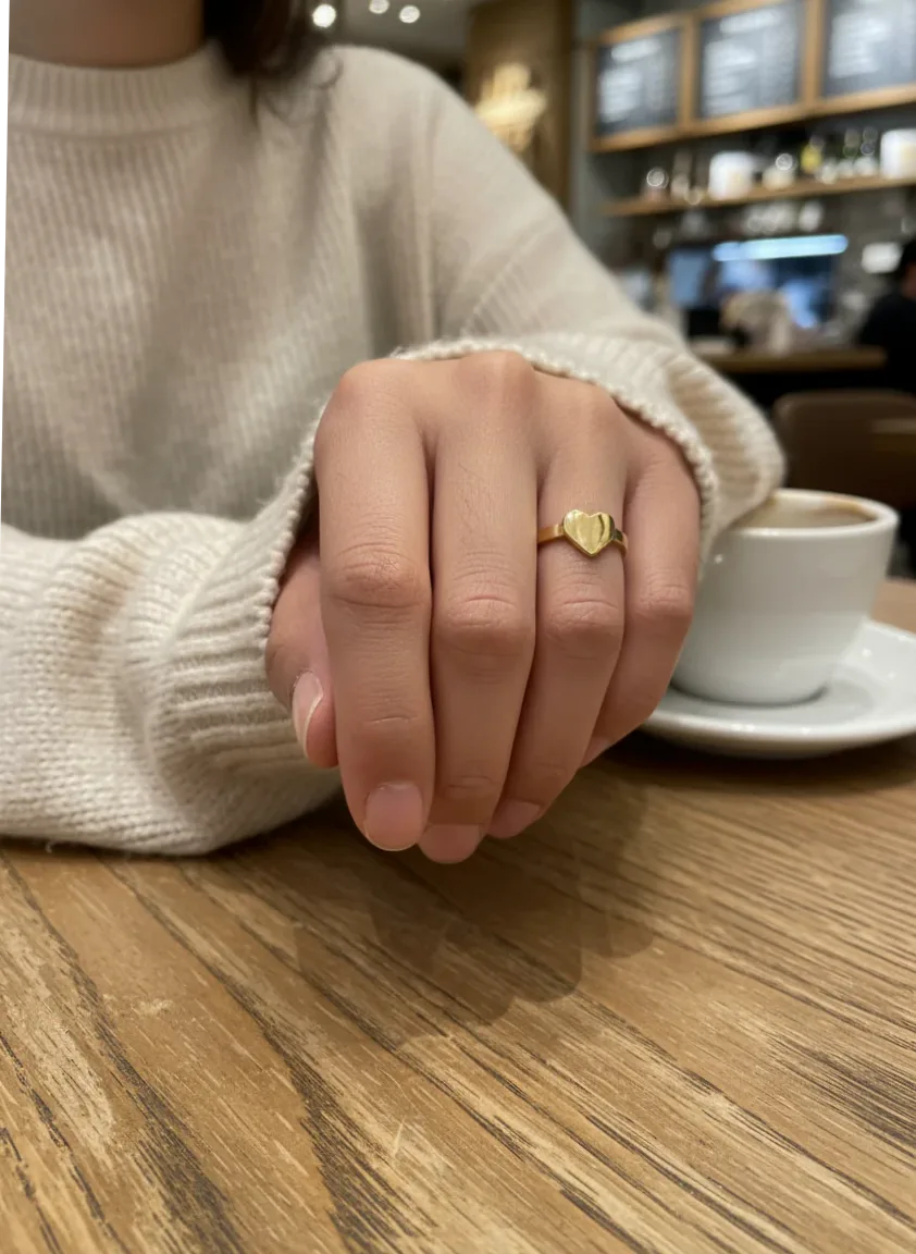 Anillo fino abierto corazón pavé brillante puesto en el dedo