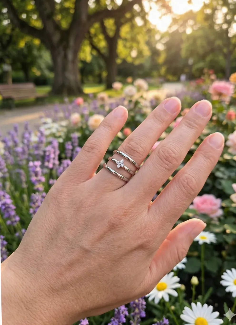 Detalle del material y acabado — Anillo abierto triple aro con strass central