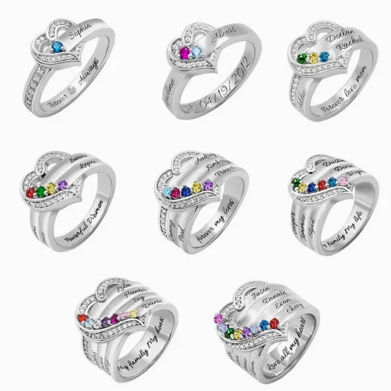 Personlig fødselsstensring 1-8 til hende – navnegravering, hjerteformet design, gave med cubic zirconia båret på fingeren