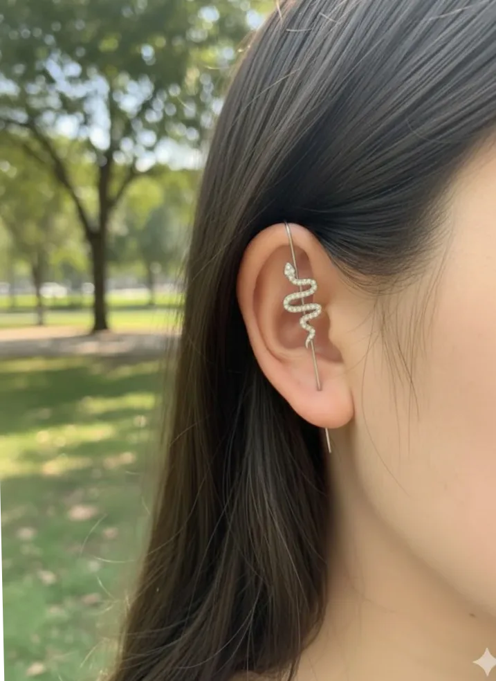Détail de la matière et finition — Bijou d'oreille à motif serpent en strass