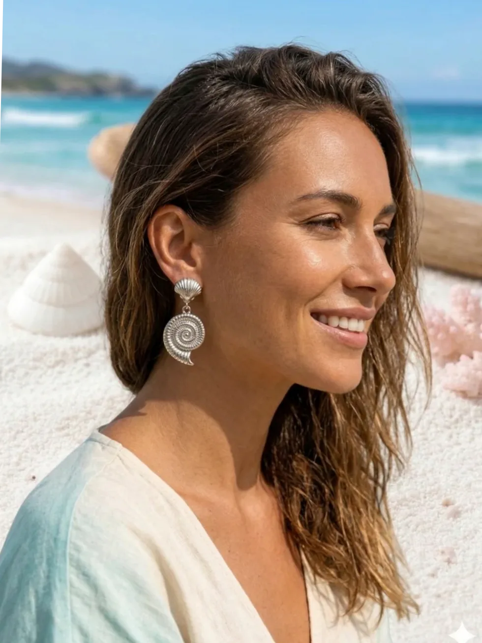 Detalhe do material e do acabamento — Brincos concha espiral estilo oceano dourado