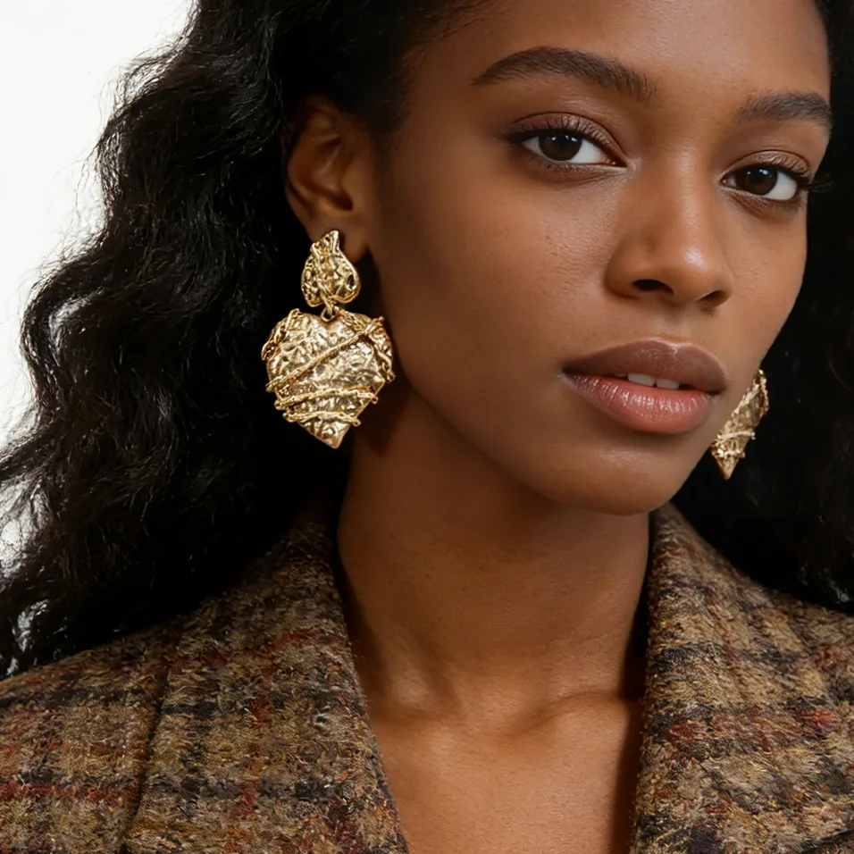 Modern Sculptural Gold Heart Drop Earrings – Statement Jewelry for Brunch & Bold Elegance