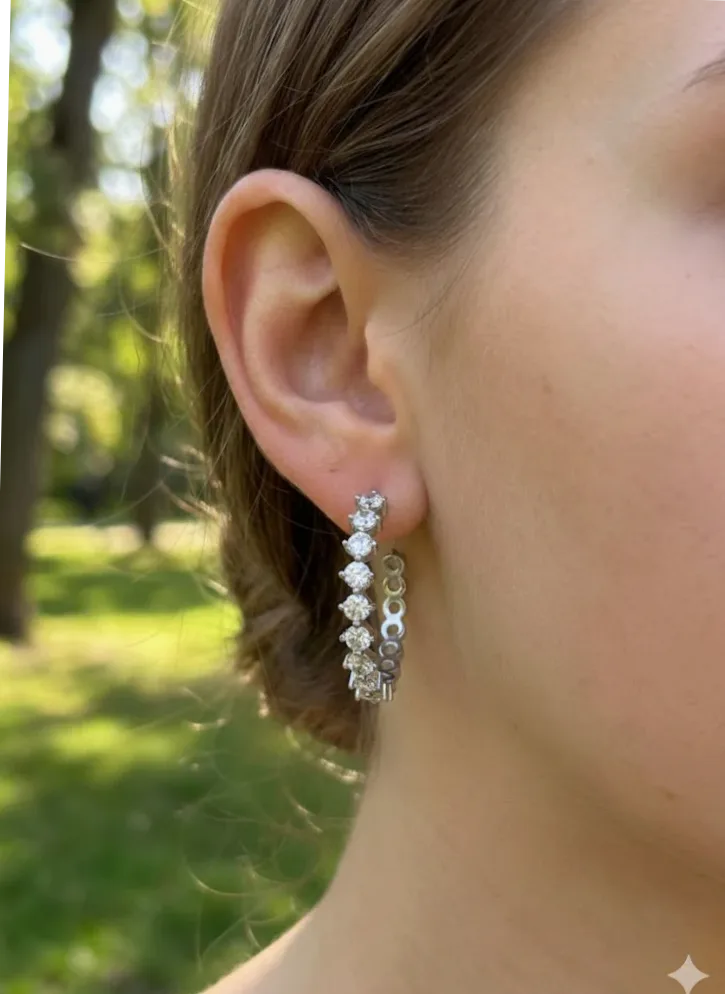 Detalhe do material e do acabamento — Brincos argolas meia cravejadas de strass