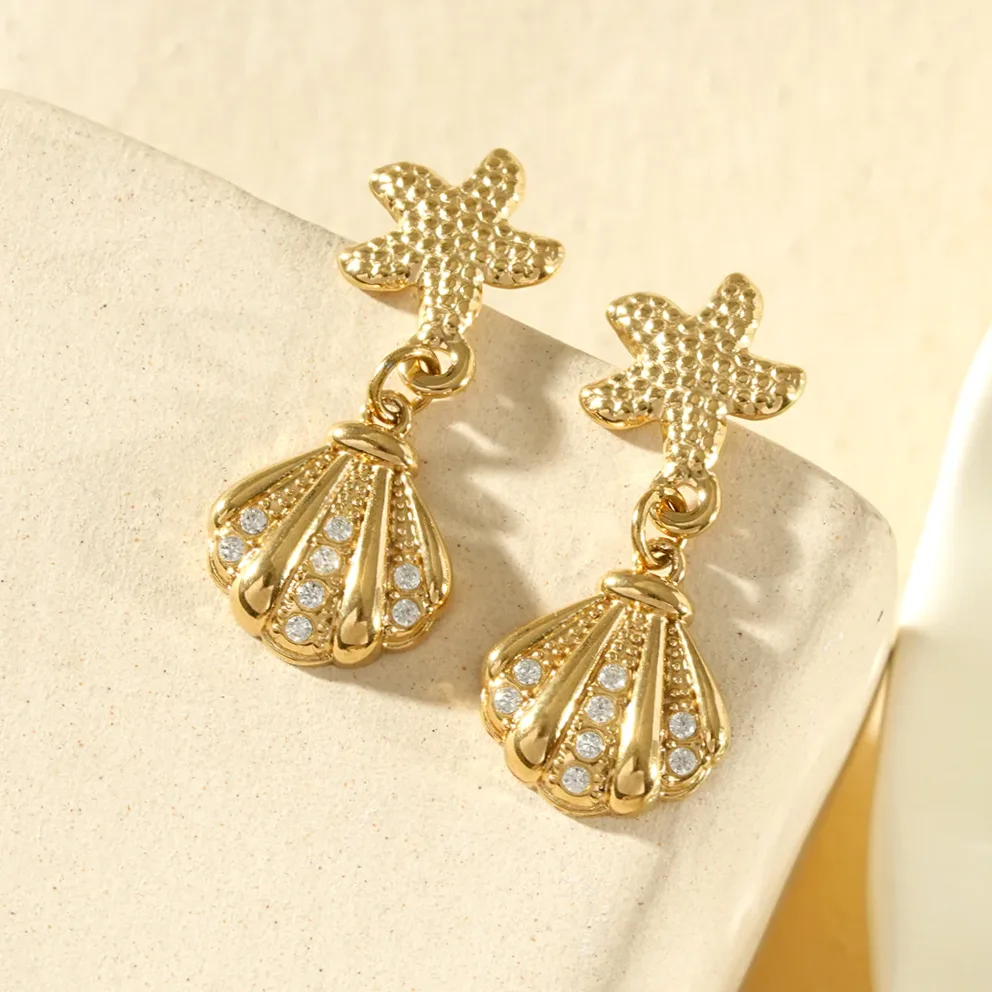 Brincos estrela do mar concha strass brilhante usado na orelha