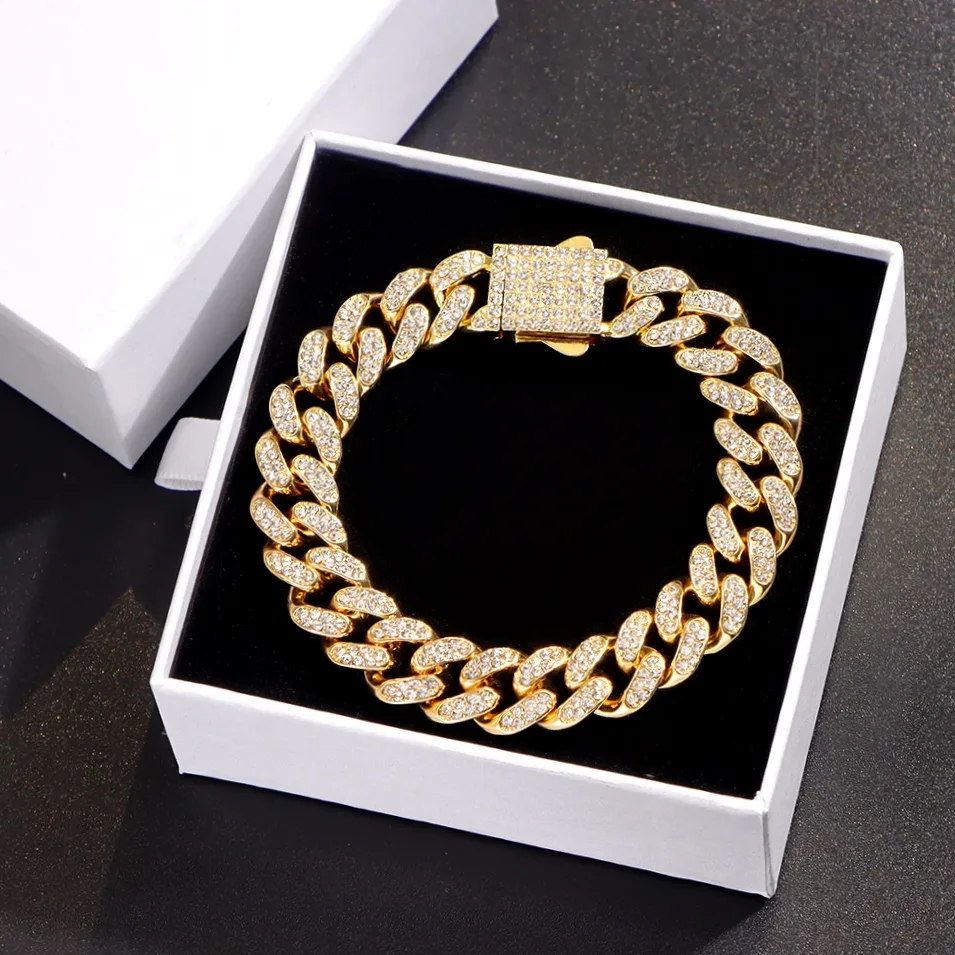 Bracelet chaîne cubaine dorée sertie de strass