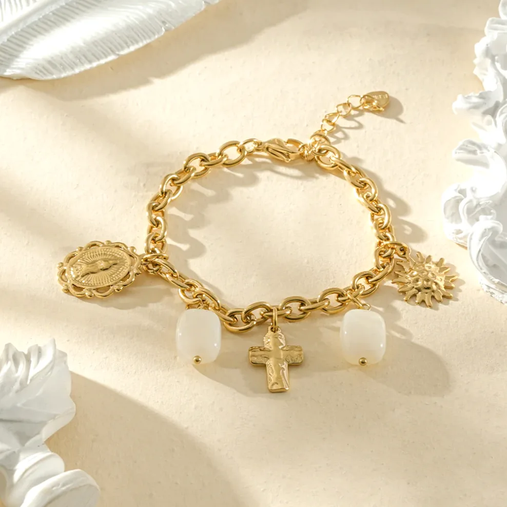 Pulsera charms símbolos sagrados piedras resina blanca — vista de escala y dimensiones
