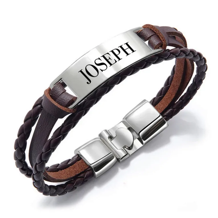 Bracelet cuir acier gravable au prénom homme — vue 2 — Gemzara