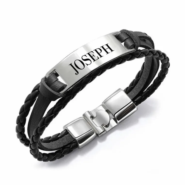Bracelet cuir acier gravable au prénom homme — vue 3 — Gemzara