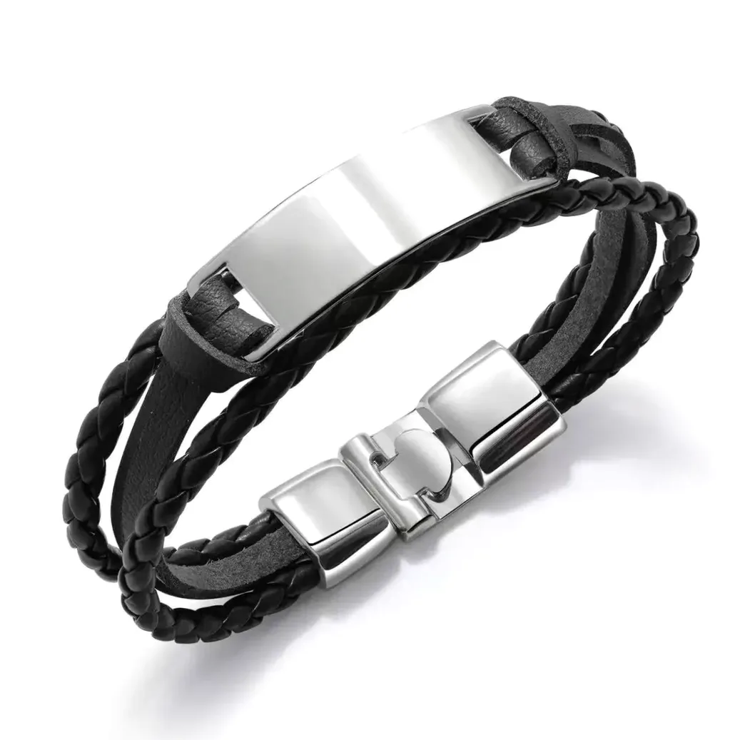 Bracelet cuir acier gravable au prénom homme — vue 4 — Gemzara