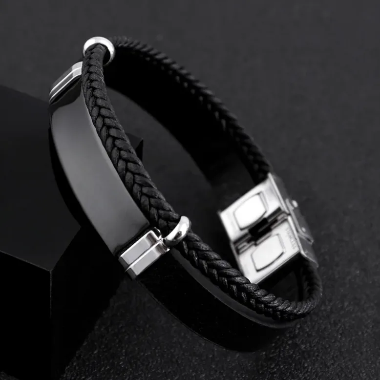 Bracelet cuir & acier personnalisable au nom ou logo — vue 2 — Gemzara