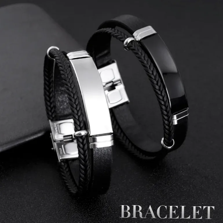 Bracelet cuir & acier personnalisable au nom ou logo — vue 3 — Gemzara