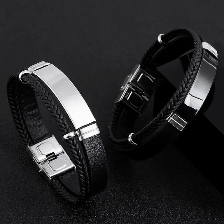 Bracelet cuir & acier personnalisable au nom ou logo — vue 4 — Gemzara