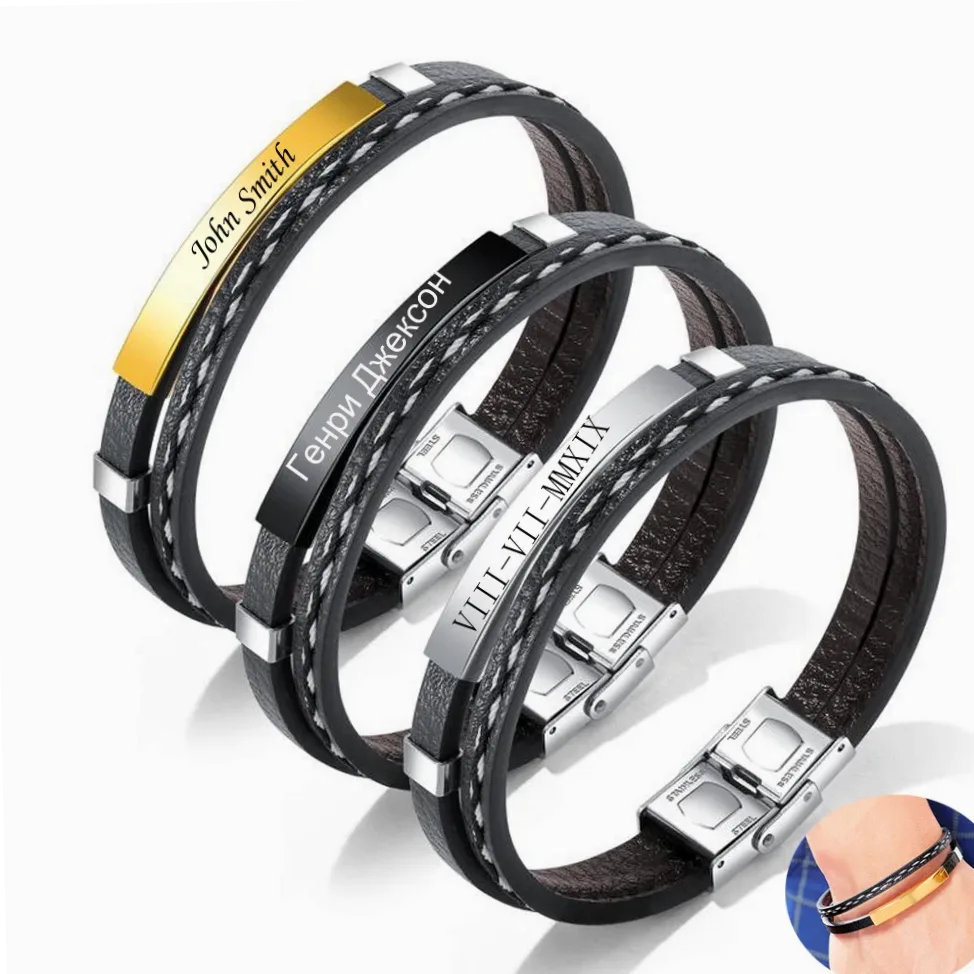 Bracelet cuir gravable prénom/logo - acier inoxydable — vue 4 — Gemzara