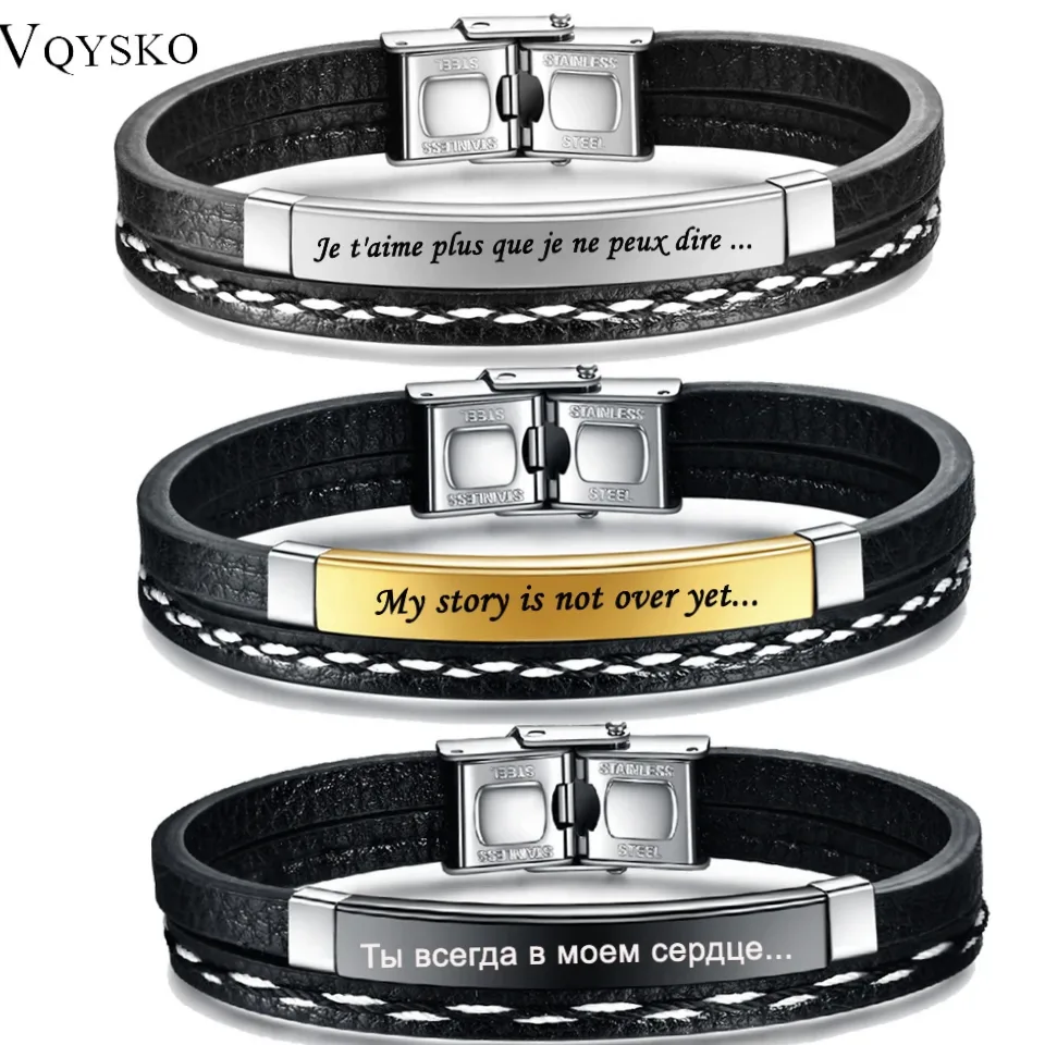 Bracelet cuir gravable prénom/logo - acier inoxydable — Gemzara