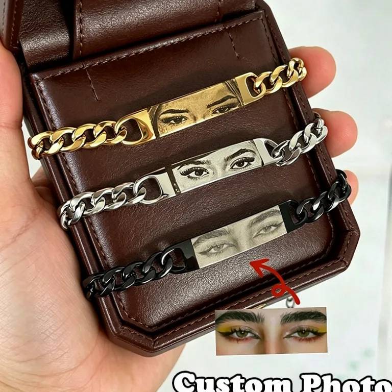 Brăţară pentru Cupluri cu Fotografie Personalizată Gravată, Imagine Ochi Gravat cu Laser pe Lanț din Oțel Inoxidabil