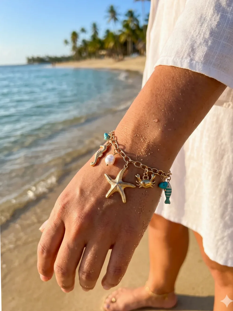 Pulsera dorada con estrella de mar y pez turquesa