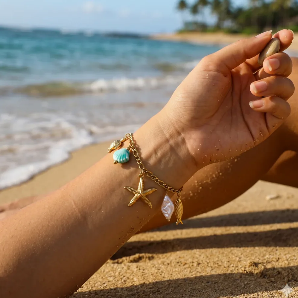 Pulsera dorada charms marinos con concha azul y perla