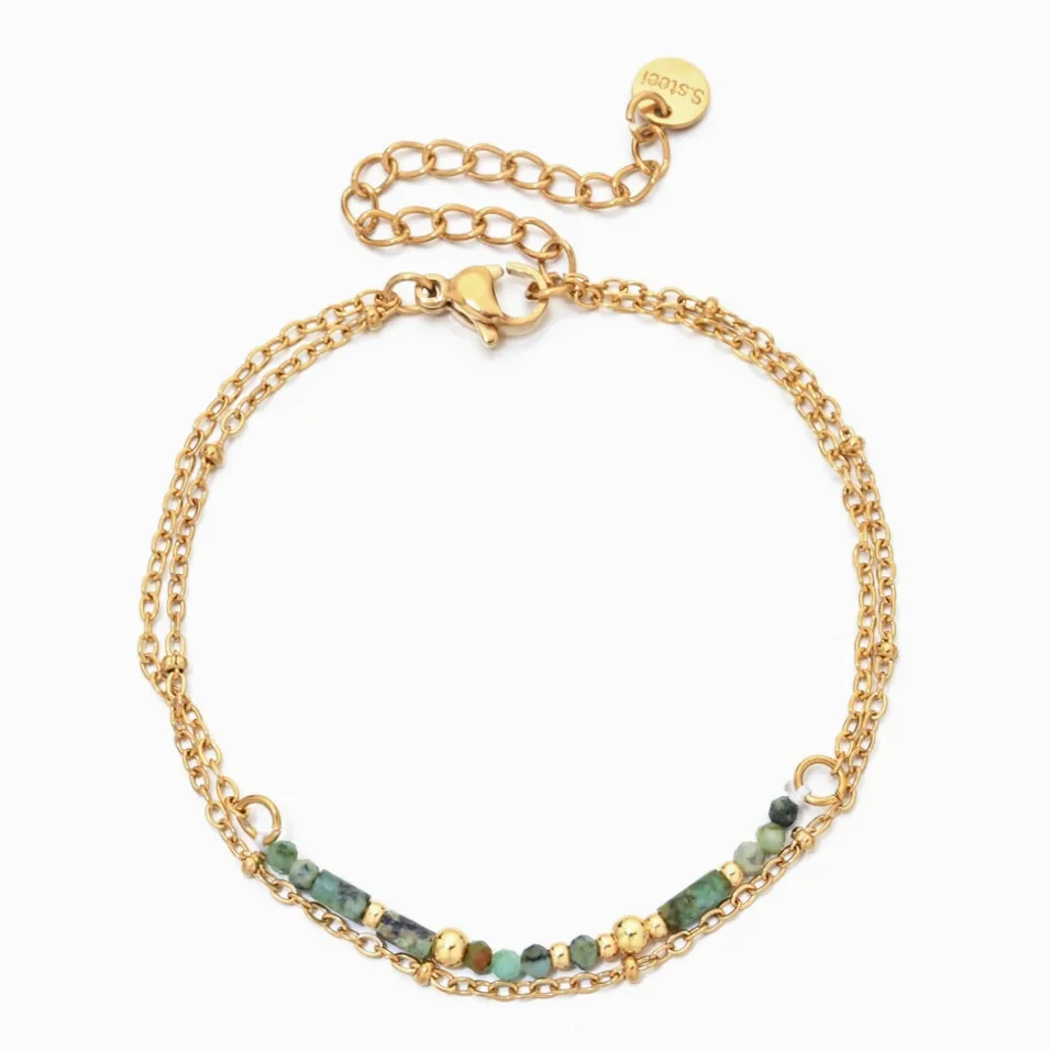 Bracelet doré multi chaîne modulables pierres vertes et coquillages