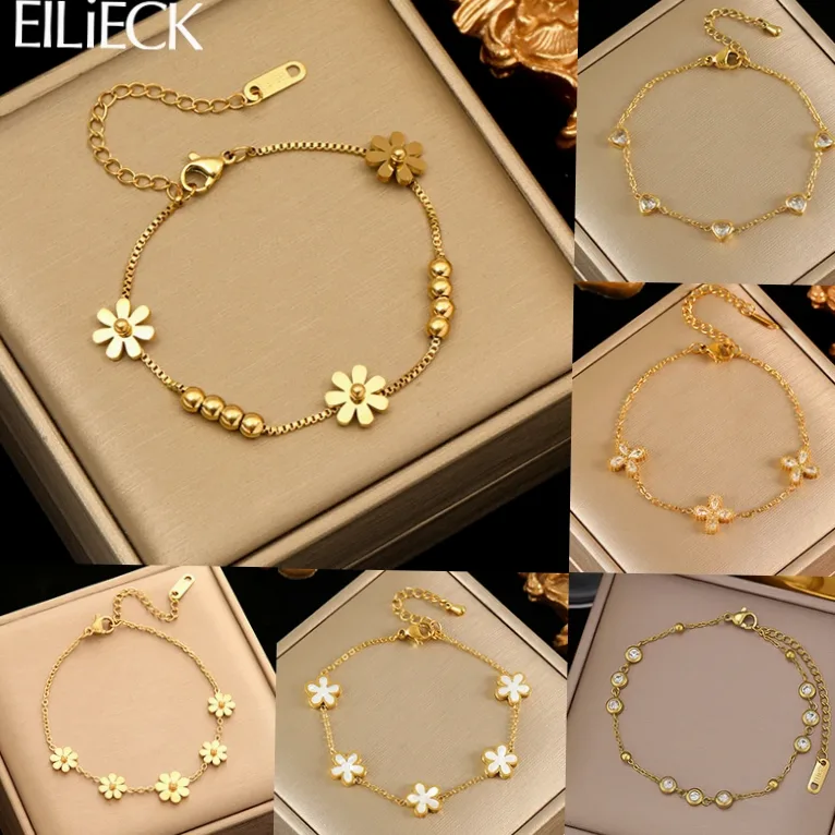 Bracelet breloques pétales fleurs acier inoxydable 316L or