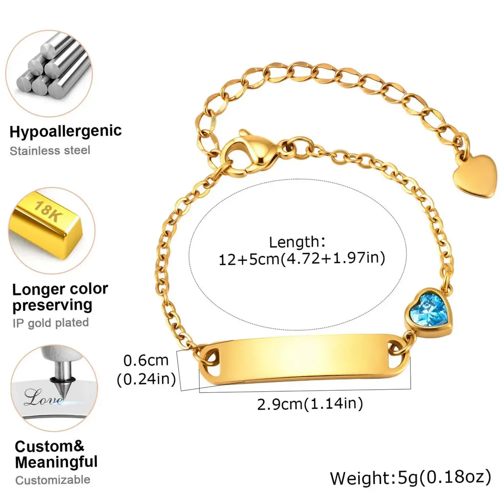 Bracelet enfant acier gravable prénom cœur zircon — vue 5 — Gemzara