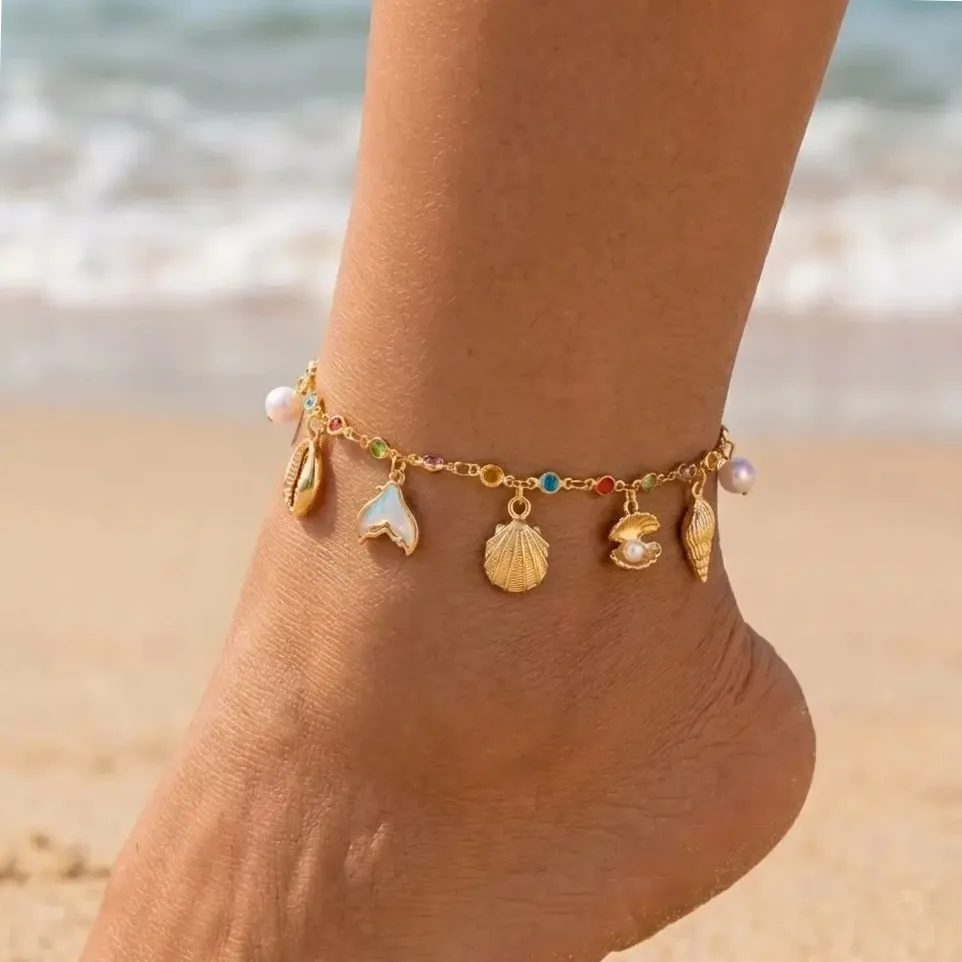 Metall-Fußkettchen mit farbigem Zirkonia für Frauen, Boho-Stil, Sternen-, Muschel- & Conchen-Anhänger, Fußkettchen mit Fransen, Strandschmuck
