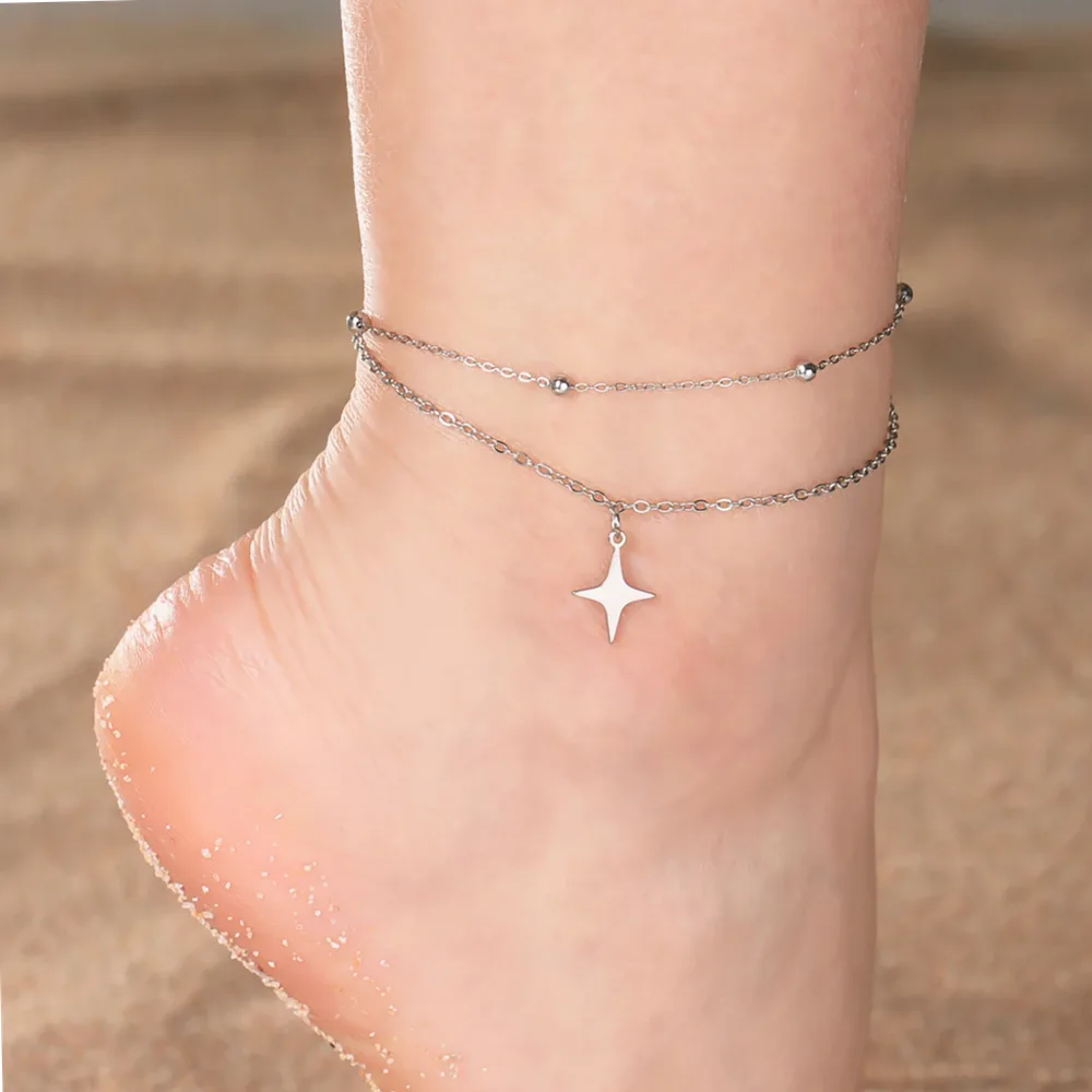 Stainless Steel Anklets for Women - Boho Beach Jewelry with Floral worn on the ankle