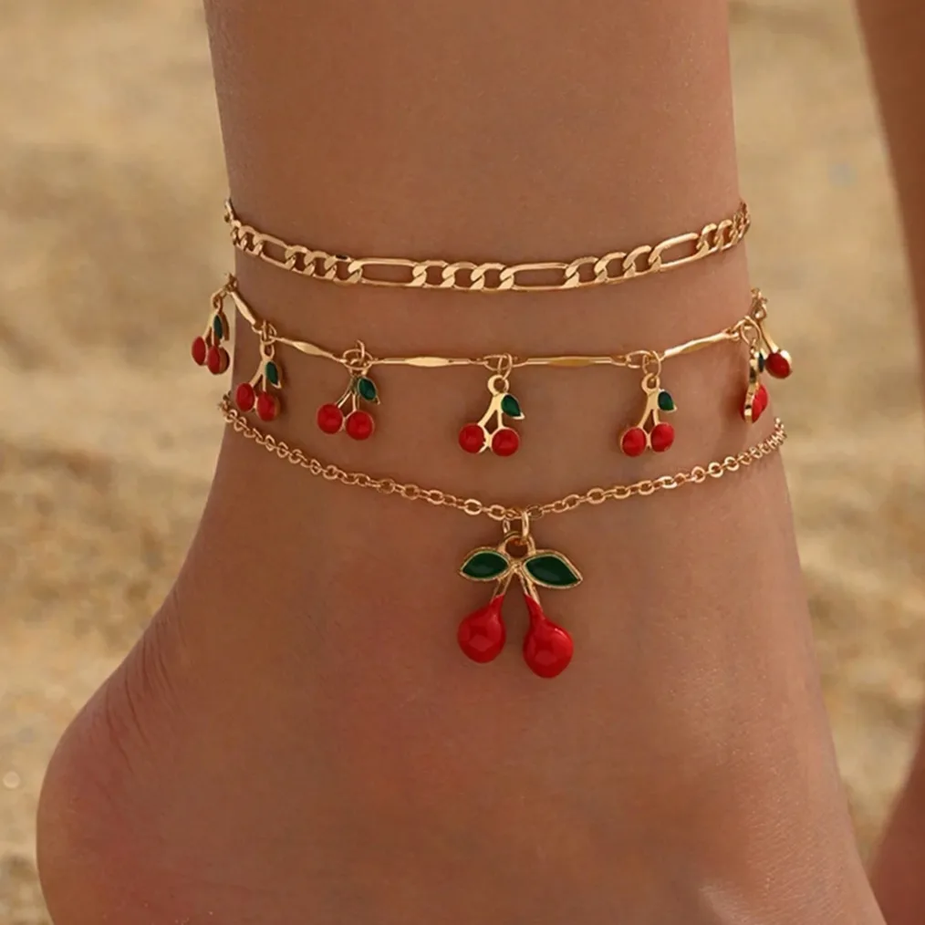 Pulseras de Tobillo de Cuentas de Arroz para Mujer, Colgante de Cereza Adorable, Cadena para Pie, Bisutería de Playa, Accesorios de Verano, Juego de 3 Piezas
