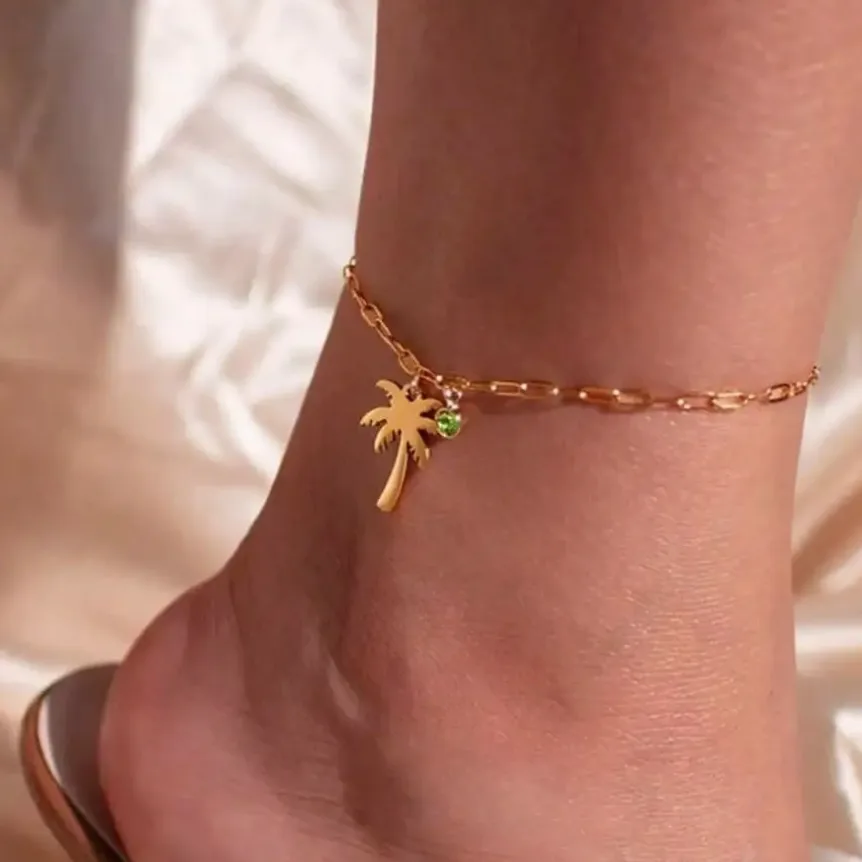 Pulsera de Tobillo en Acero Inoxidable con Baño de Oro y Colgante de Coco y Piedra de Nacimiento - Joyería Veraniega para Mujer, Regalo de Cumpleaños