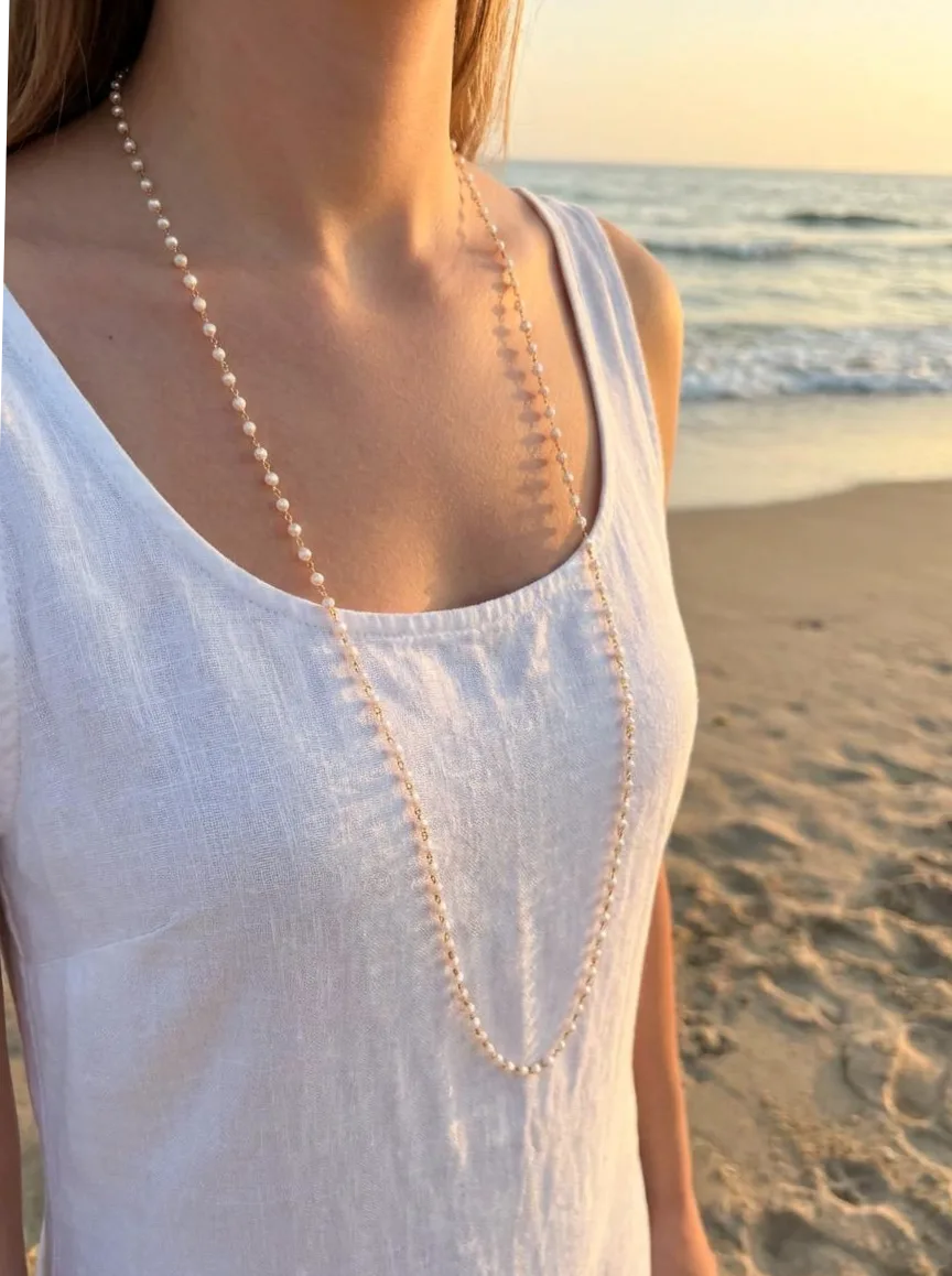 Y back necklace gold chain with small pearls — scale and dimensions view