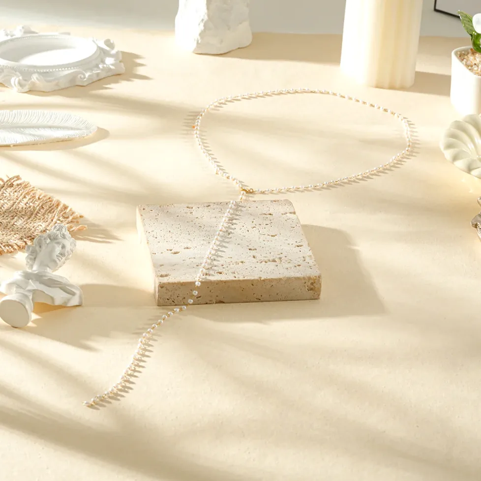Y back necklace gold chain with small pearls — gift packaging presentation