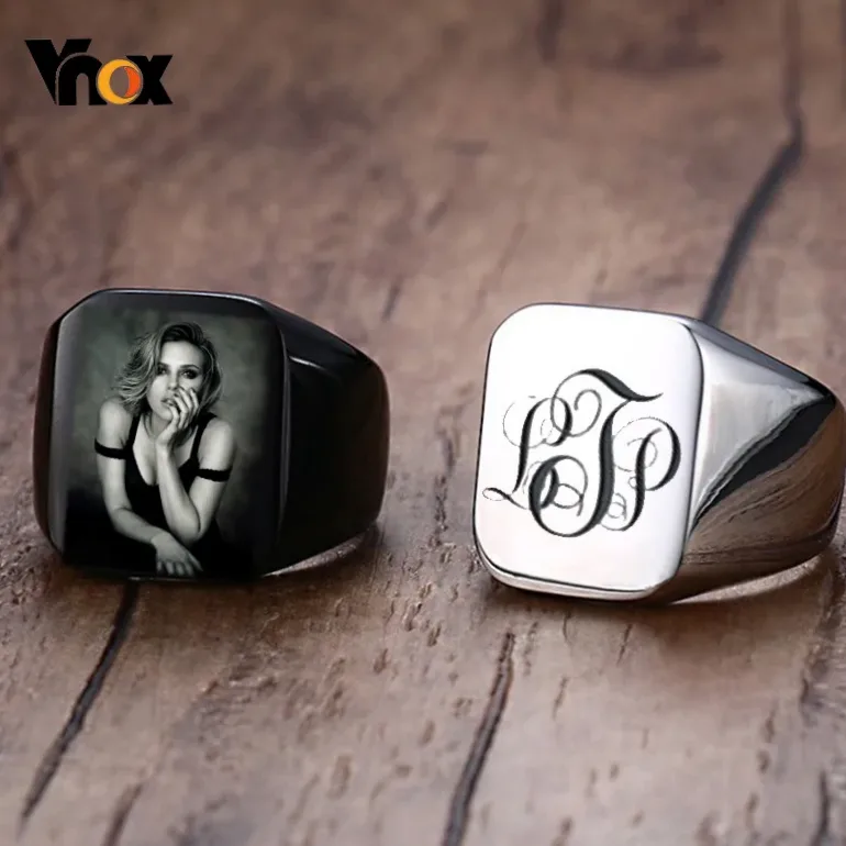 Personalized stainless steel signet ring with engraving