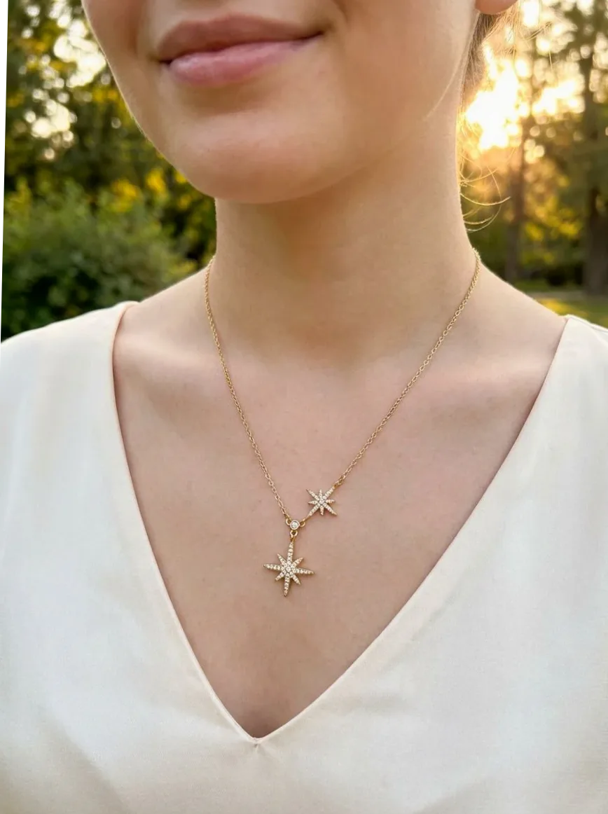 Necklace two eight-pointed rhinestone stars