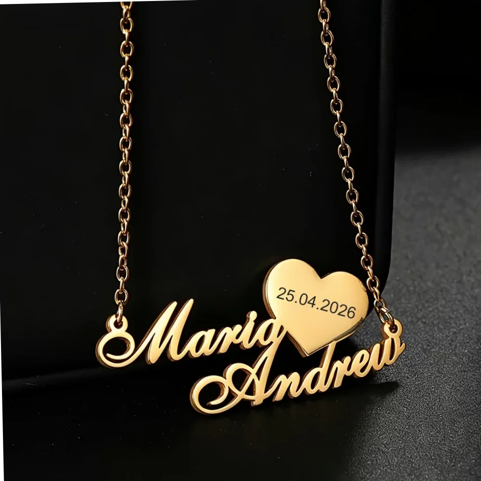 Collier acier inoxydable gravable prénom & date cœur — vue 4 — Gemzara