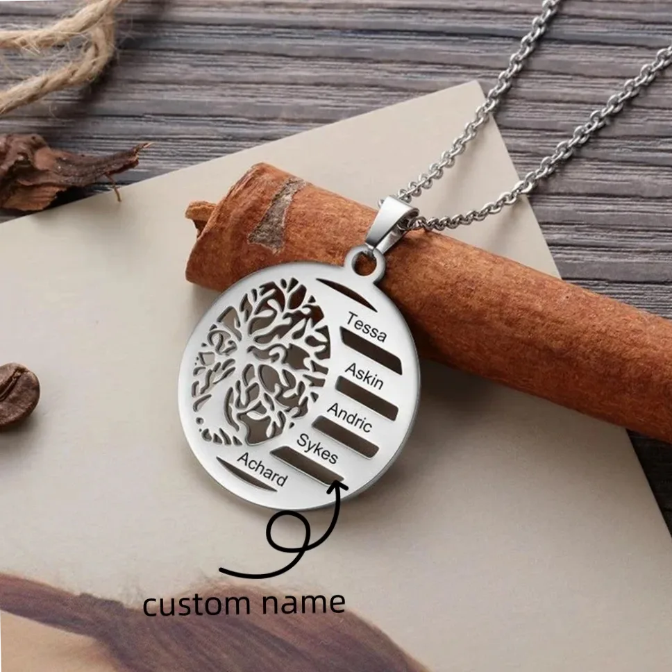 Collier arbre de vie en acier doré – gravure prénom personnalisable — vue 2 — Gemzara