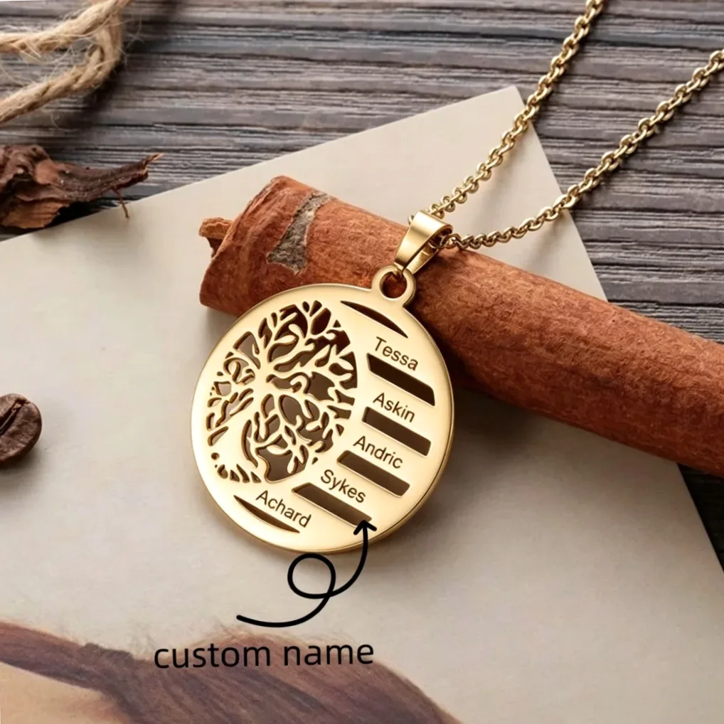 Gold-tone steel tree of life necklace – personalize with an engraved name