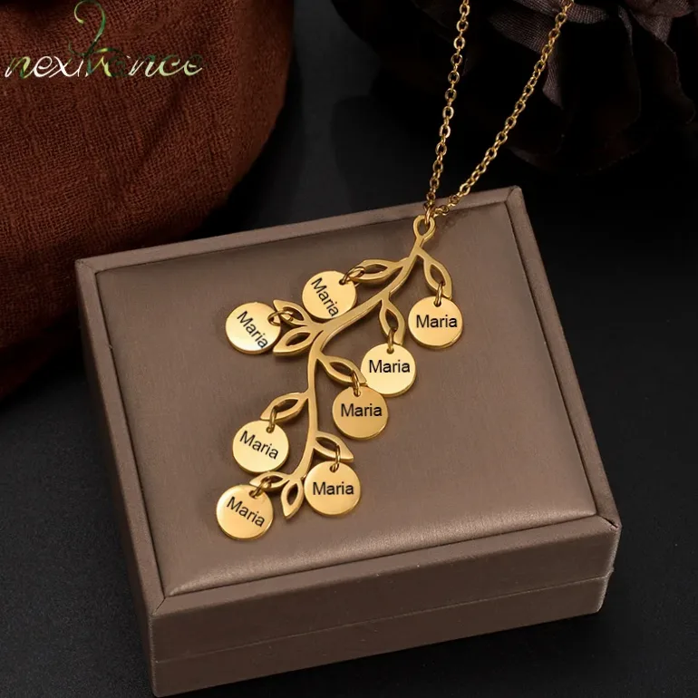 Collier arbre généalogique en acier gravé prénom/date — Gemzara
